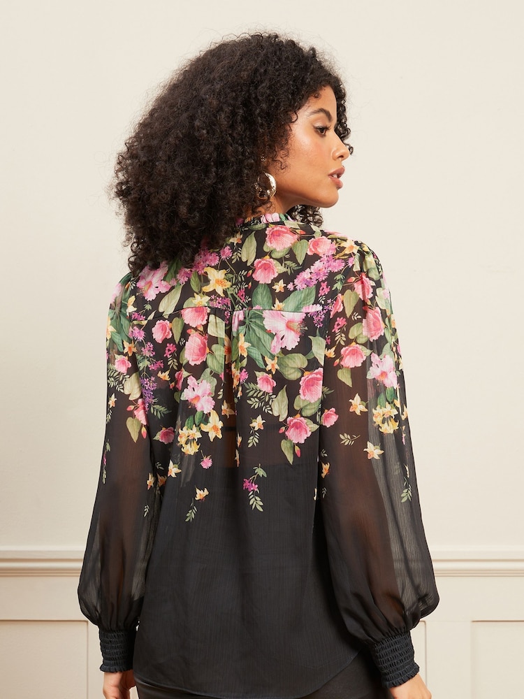 Love & Roses Black Floral Printed V Neck Puff Sleeve Blouse - Image 3 of 4