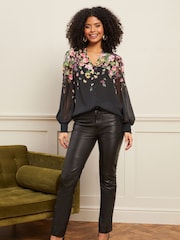 Love & Roses Black Floral Printed V Neck Puff Sleeve Blouse - Image 4 of 4
