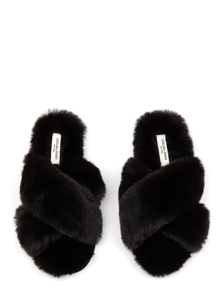 Chelsea Peers Black Regular Fit Fluffy Cross Strap Slider Slippers - Image 2 of 3
