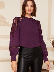 Love & Roses Berry Red Long Sleeve Lace Dobby Spot Mix Blouse - Image 1 of 4