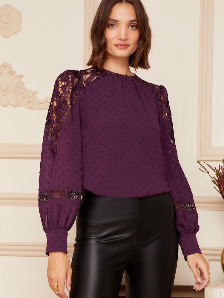 Love & Roses Berry Red Long Sleeve Lace Dobby Spot Mix Blouse - Image 1 of 4