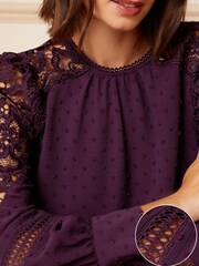Love & Roses Berry Red Long Sleeve Lace Dobby Spot Mix Blouse - Image 2 of 4