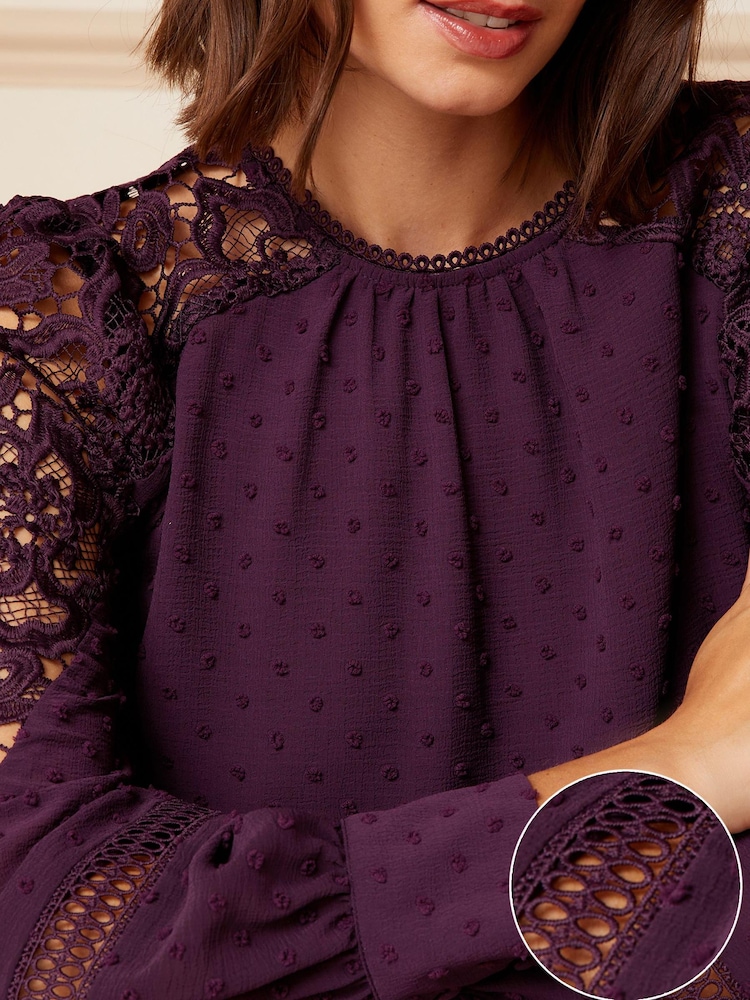 Love & Roses Berry Red Long Sleeve Lace Dobby Spot Mix Blouse - Image 2 of 4 Love & Roses Berry Red Long Sleeve Lace Dobby Spot Mix Blouse - Image 2 of 4
