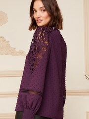 Love & Roses Berry Red Long Sleeve Lace Dobby Spot Mix Blouse - Image 3 of 4