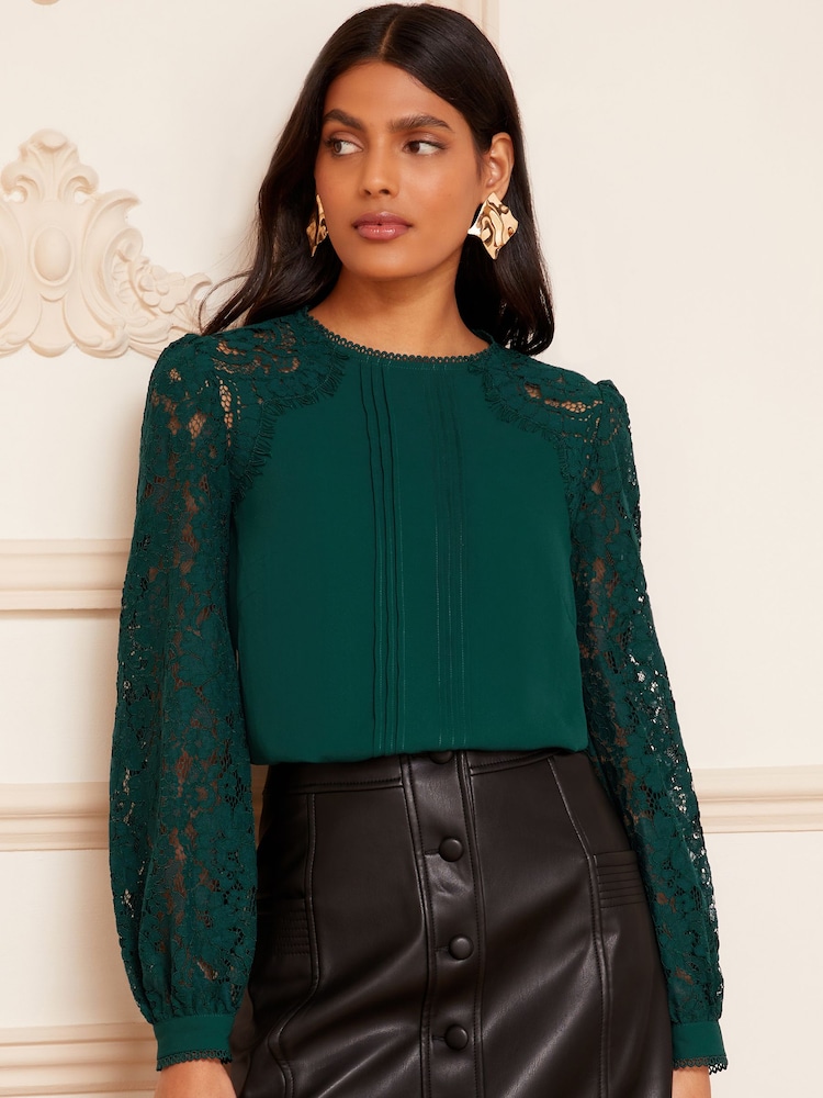 Love & Roses Green Tie Back Long Sleeve Lace Blouse - Image 1 of 4