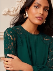 Love & Roses Green Tie Back Long Sleeve Lace Blouse - Image 2 of 4
