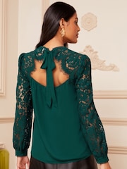 Love & Roses Green Tie Back Long Sleeve Lace Blouse - Image 3 of 4