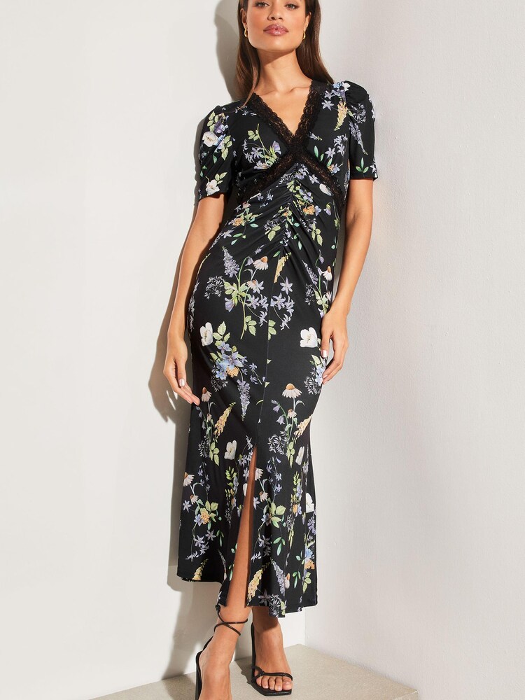 Buy Lipsy Black Floral Jersey Short Sleeve Lace Underbust Midi