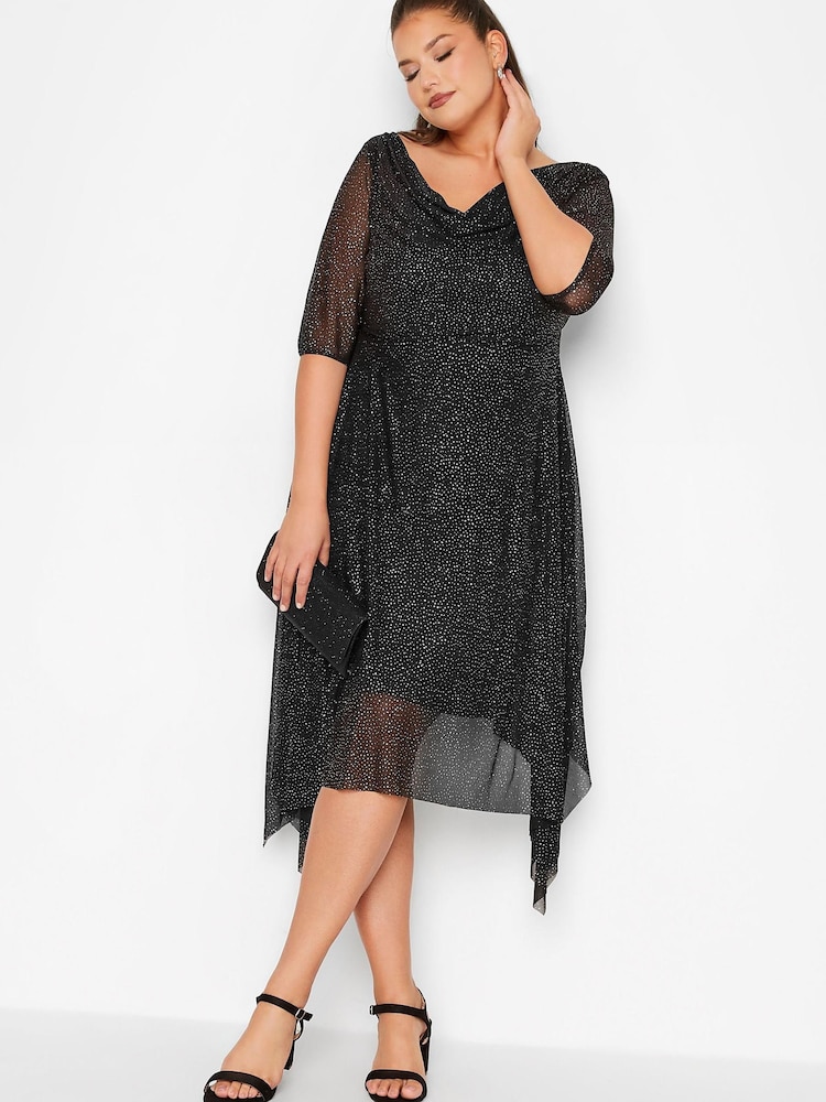 Yours Curve Black London Party Glitter Mesh Cowl Neck Dress - Image 1 of 4 Yours Curve Black London Party Glitter Mesh Cowl Neck Dress - Image 1 of 4