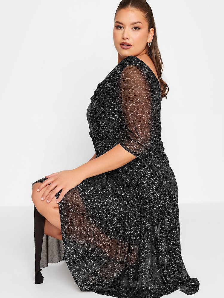 Yours Curve Black London Party Glitter Mesh Cowl Neck Dress - Image 2 of 4 Yours Curve Black London Party Glitter Mesh Cowl Neck Dress - Image 2 of 4