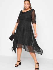 Yours Curve Black London Party Glitter Mesh Cowl Neck Dress - Image 4 of 4