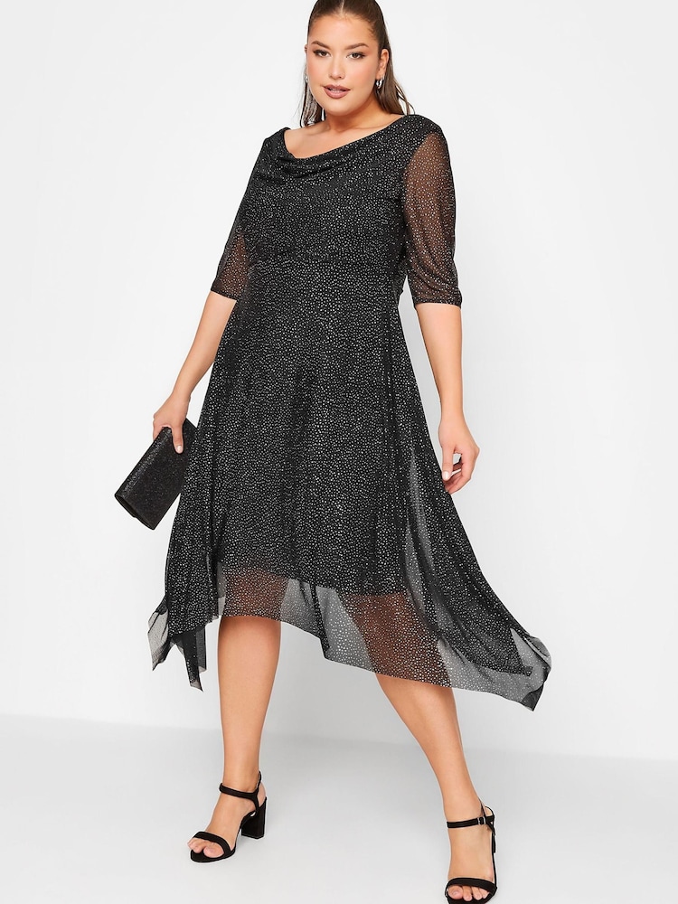 Yours Curve Black London Party Glitter Mesh Cowl Neck Dress - Image 4 of 4 Yours Curve Black London Party Glitter Mesh Cowl Neck Dress - Image 4 of 4