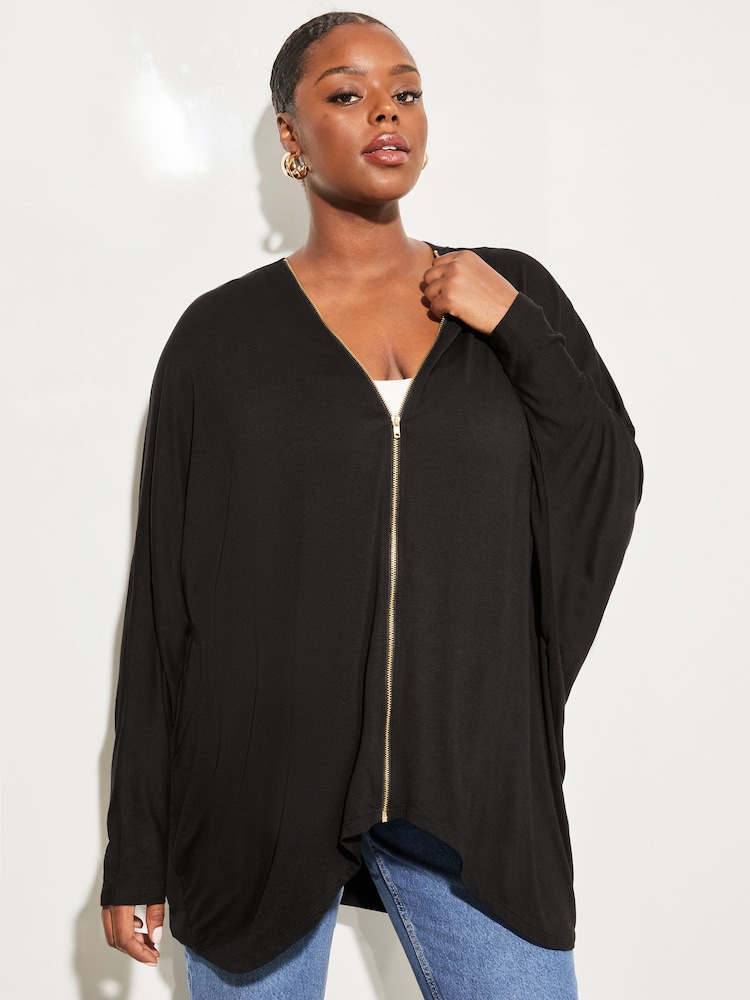Lipsy Black Curve Long Sleeve Zip Batwing Cardigan - Image 4 of 4