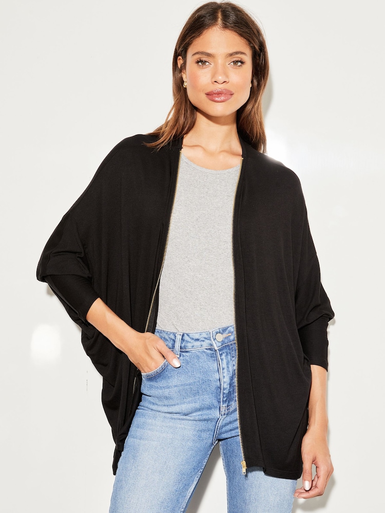 Lipsy Black Long Sleeve Zip Batwing Cardigan - Image 1 of 4