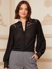 Love & Roses Black Lace Yoke Ruffle Neck Button Through Blouse - Image 1 of 4