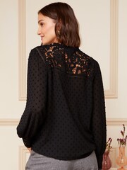 Love & Roses Black Lace Yoke Ruffle Neck Button Through Blouse - Image 2 of 4