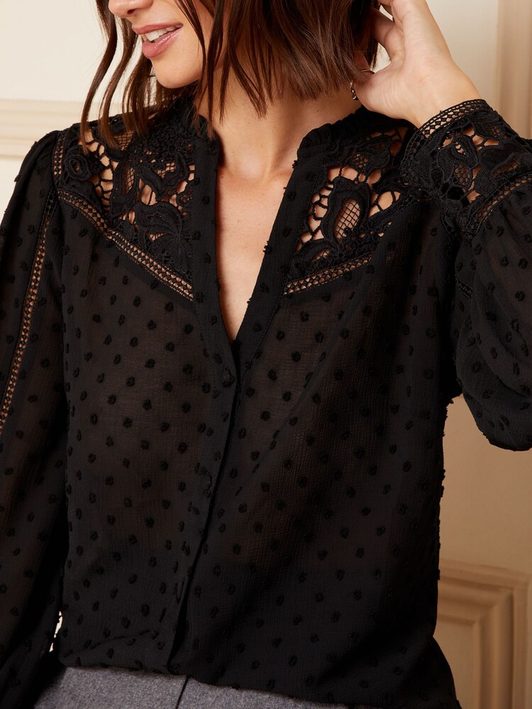 Love & Roses Black Lace Yoke Ruffle Neck Button Through Blouse - Image 4 of 4
