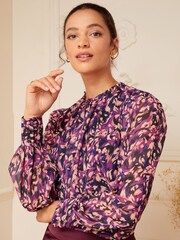 Love & Roses Berry Red Animal Printed Ruched High Neck Long Sleeve Chiffon Blouse - Image 1 of 4