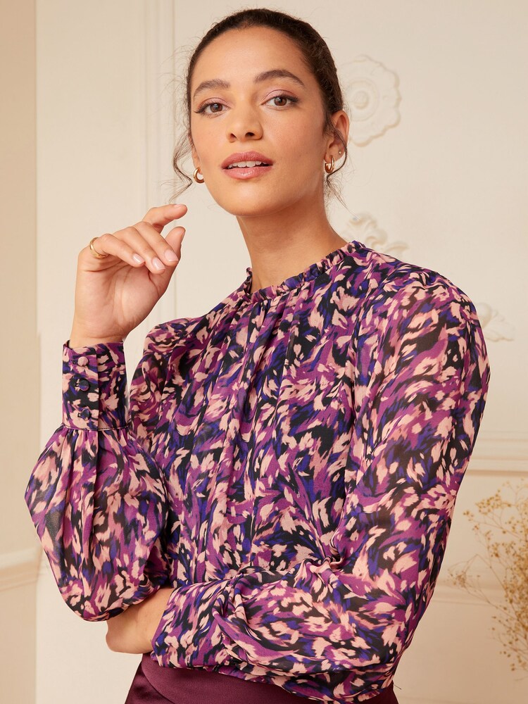 Love & Roses Berry Red Animal Printed Ruched High Neck Long Sleeve Chiffon Blouse - Image 1 of 4