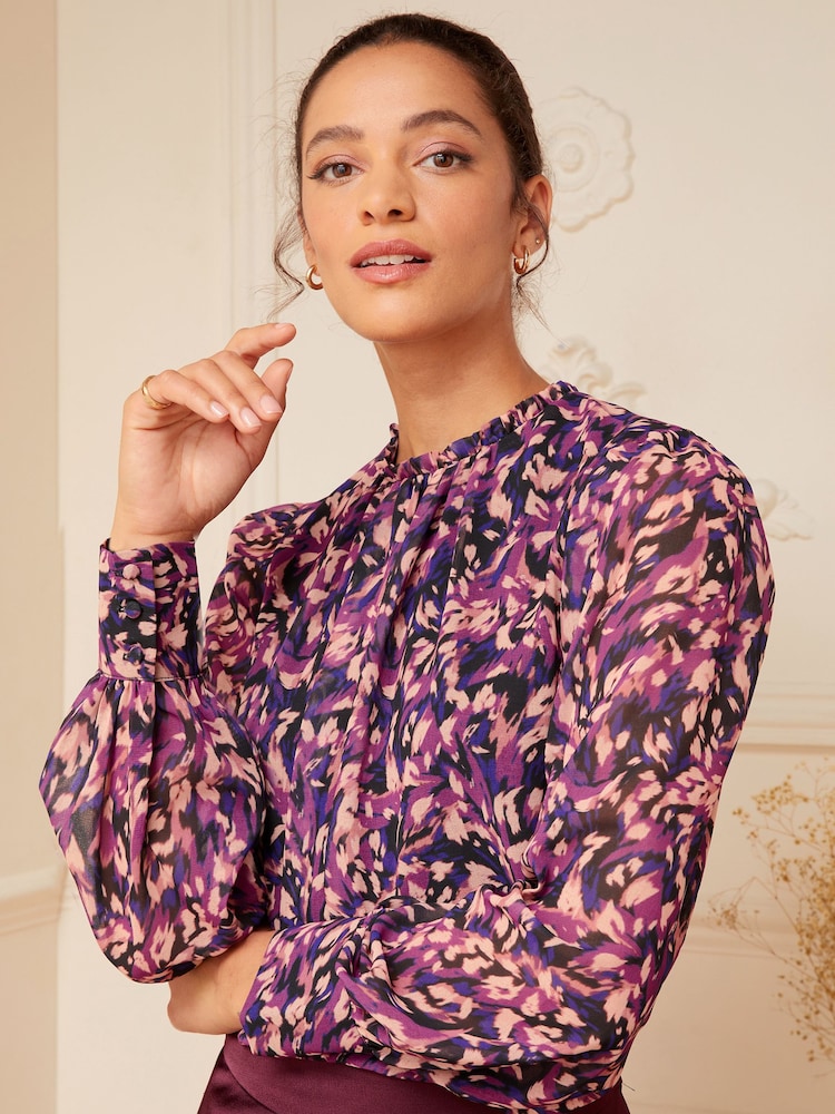 Love & Roses Berry Red Animal Printed Ruched High Neck Long Sleeve Chiffon Blouse - Image 1 of 4 Love & Roses Berry Red Animal Printed Ruched High Neck Long Sleeve Chiffon Blouse - Image 1 of 4