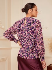 Love & Roses Berry Red Animal Printed Ruched High Neck Long Sleeve Chiffon Blouse - Image 2 of 4