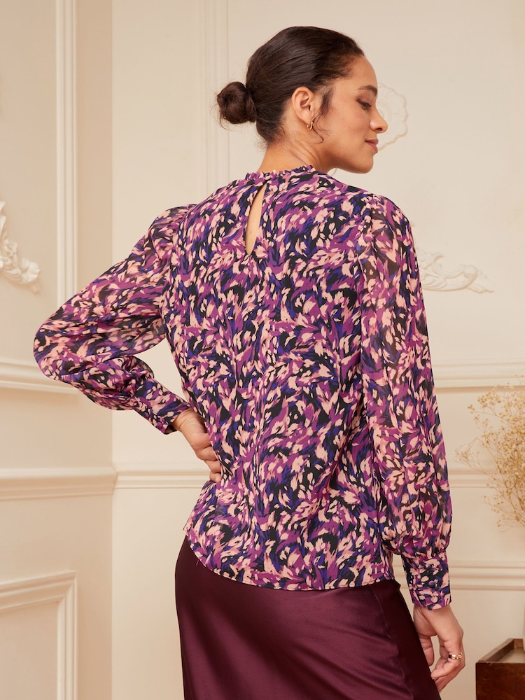 Love & Roses Berry Red Animal Printed Ruched High Neck Long Sleeve Chiffon Blouse - Image 2 of 4
