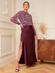 Love & Roses Berry Red Animal Printed Ruched High Neck Long Sleeve Chiffon Blouse - Image 3 of 4