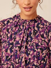Love & Roses Berry Red Animal Printed Ruched High Neck Long Sleeve Chiffon Blouse - Image 4 of 4