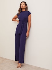 Lipsy Navy Petite Cap Sleeve Tie Front Jumpsuit - Image 2 of 3