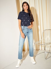 Friends Like These Navy Blue Round Neck Heart Embroidered T-Shirt - Image 3 of 4