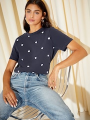 Friends Like These Navy Blue Round Neck Heart Embroidered T-Shirt - Image 4 of 4