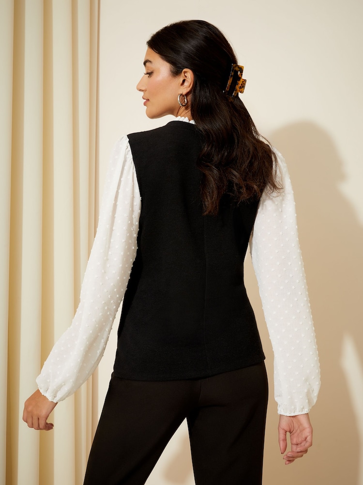 Friends Like These Cream 2 in 1 Ruffle Neck Contrast Sleeve Top - Image 4 of 4