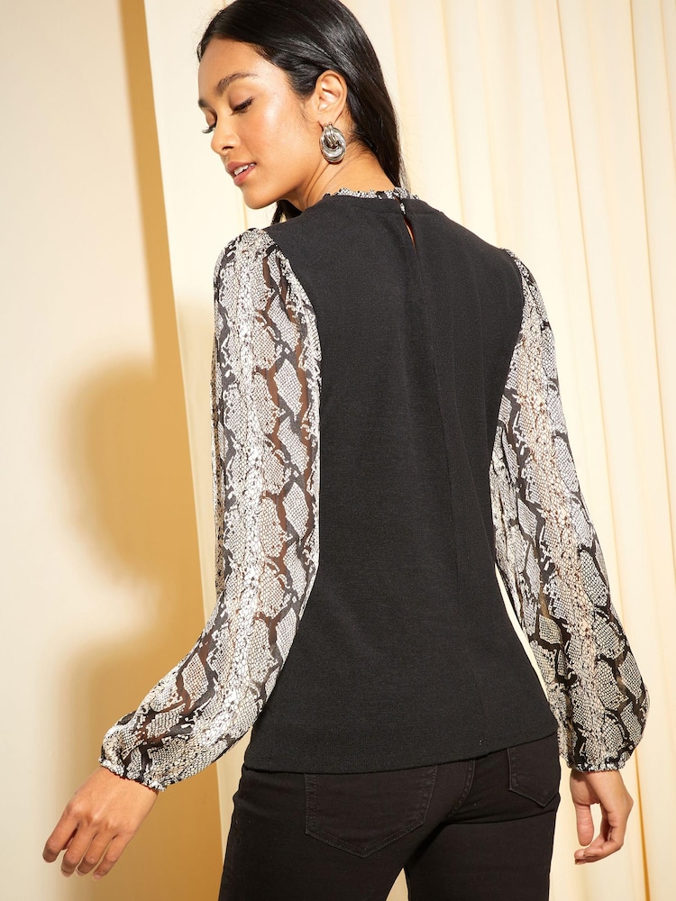 Friends Like These White Snake 2 in 1 Ruffle Neck Contrast Sleeve Top - Image 4 of 4