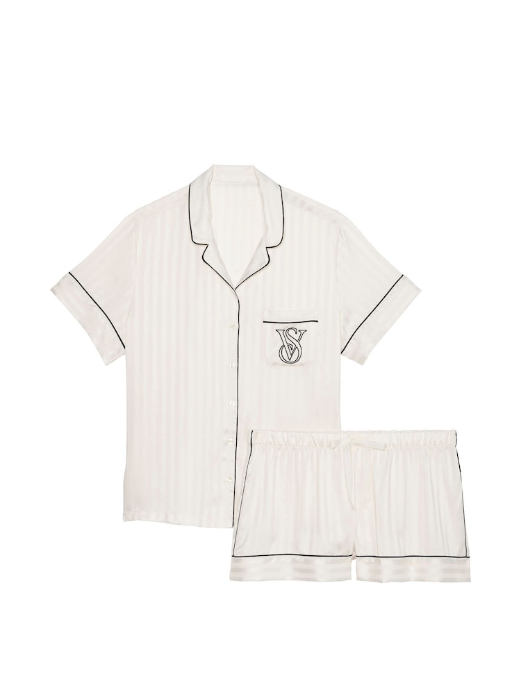 Victoria's Secret White Logo Stripe Satin Short Pyjama Set - Image 1 of 1