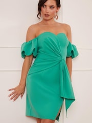 Chi Chi London Green Petite Puff Sleeve Bardot Tie Detail Midi Dress - Image 4 of 5