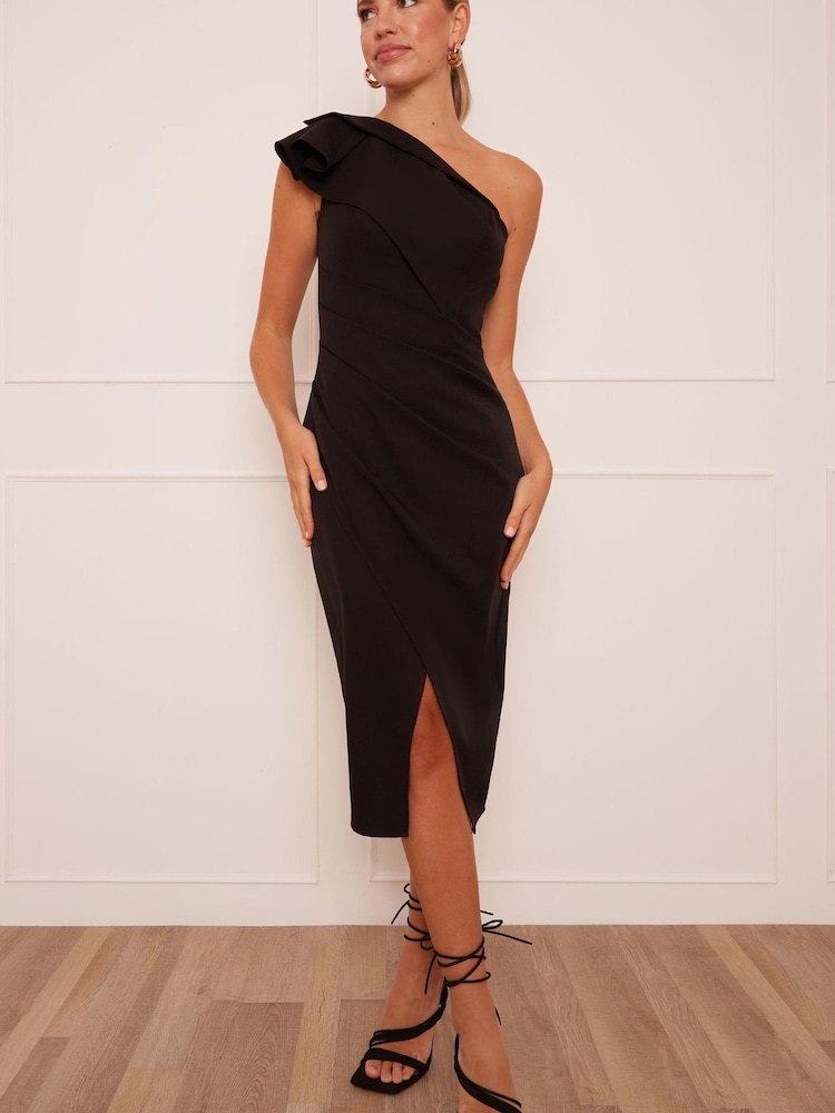 Chi Chi London Black One Shoulder Wrap Detail Midi Dress - Image 1 of 4