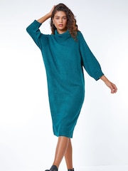 Roman Teal Blue Roll Neck Knitted Midi Dress - Image 1 of 5