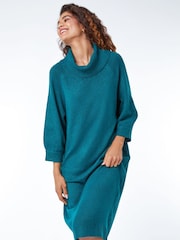 Roman Teal Blue Roll Neck Knitted Midi Dress - Image 2 of 5