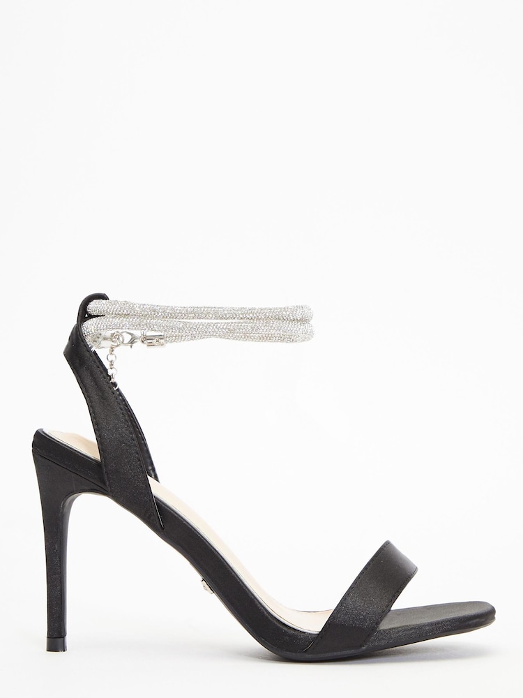 Quiz Black Satin Diamante Strap Heeled Sandals - Image 1 of 1