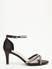 Quiz Black Shimmer Mesh Front Diamante Low Heel Sandals - Image 1 of 5