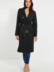 Threadbare Black Ladies Hooded Belted Trench Coat - Image 1 of 4