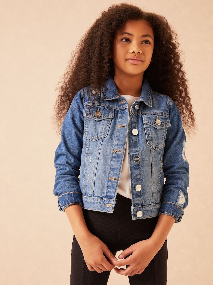 Lipsy Blue Ripped Denim Jacket - Image 1 of 4