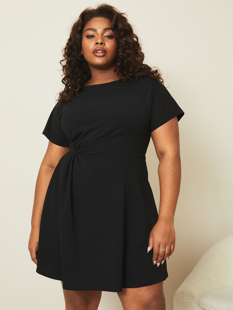 Lipsy Black Curve Twist Side Shorts Sleeve Mini Skater Dress - Image 1 of 4 Lipsy Black Curve Twist Side Shorts Sleeve Mini Skater Dress - Image 1 of 4