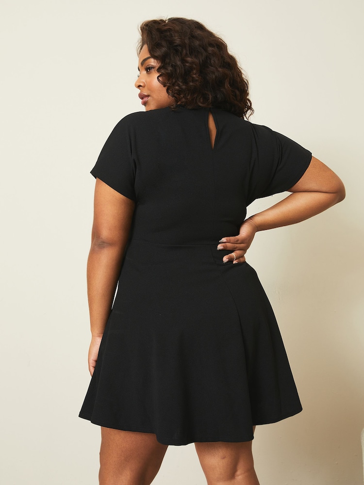 Lipsy Black Curve Twist Side Shorts Sleeve Mini Skater Dress - Image 2 of 4 Lipsy Black Curve Twist Side Shorts Sleeve Mini Skater Dress - Image 2 of 4