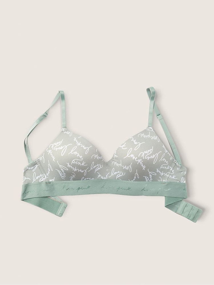 Victoria's Secret PINK Iceberg Green Logo Print Non Wired Lightly Lined Smooth T-Shirt Bra - Image 3 of 3 Victoria's Secret PINK Iceberg Green Logo Print Non Wired Lightly Lined Smooth T-Shirt Bra - Image 3 of 3