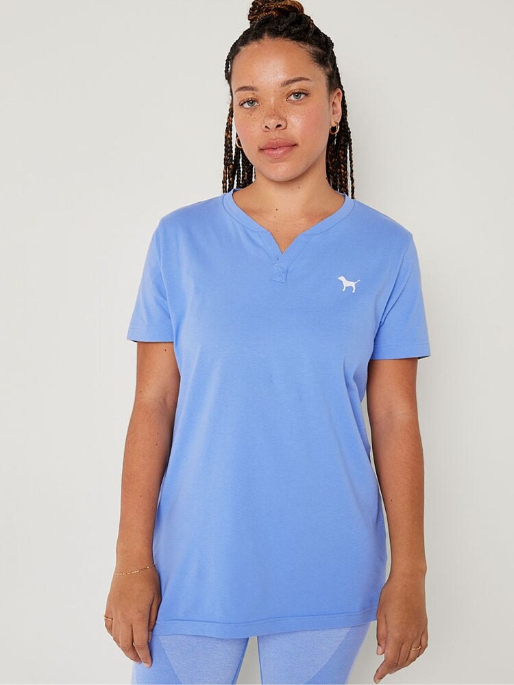 Victoria's Secret PINK Cornflour Blue Cotton ShortSleeve Henley Campus TShirt - Image 1 of 5