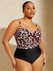 2-in-1/Kamelbraun/Leopardenmuster - Love & Roses Badeanzug mit Bindedetail vorne - Bild 1 von 4