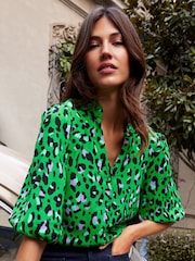 Love & Roses Green Animal Embroidered V Neck 3/4 Sleeve Blouse - Image 1 of 4
