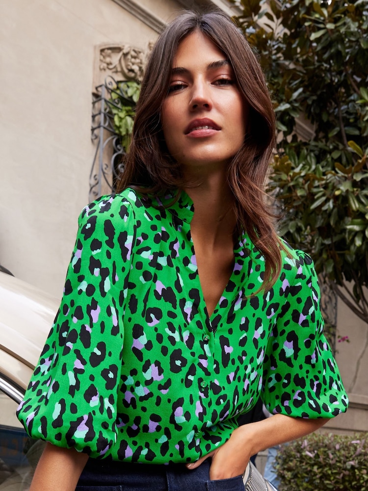 Love & Roses Green Animal Embroidered V Neck 3/4 Sleeve Blouse - Image 1 of 4 Love & Roses Green Animal Embroidered V Neck 3/4 Sleeve Blouse - Image 1 of 4