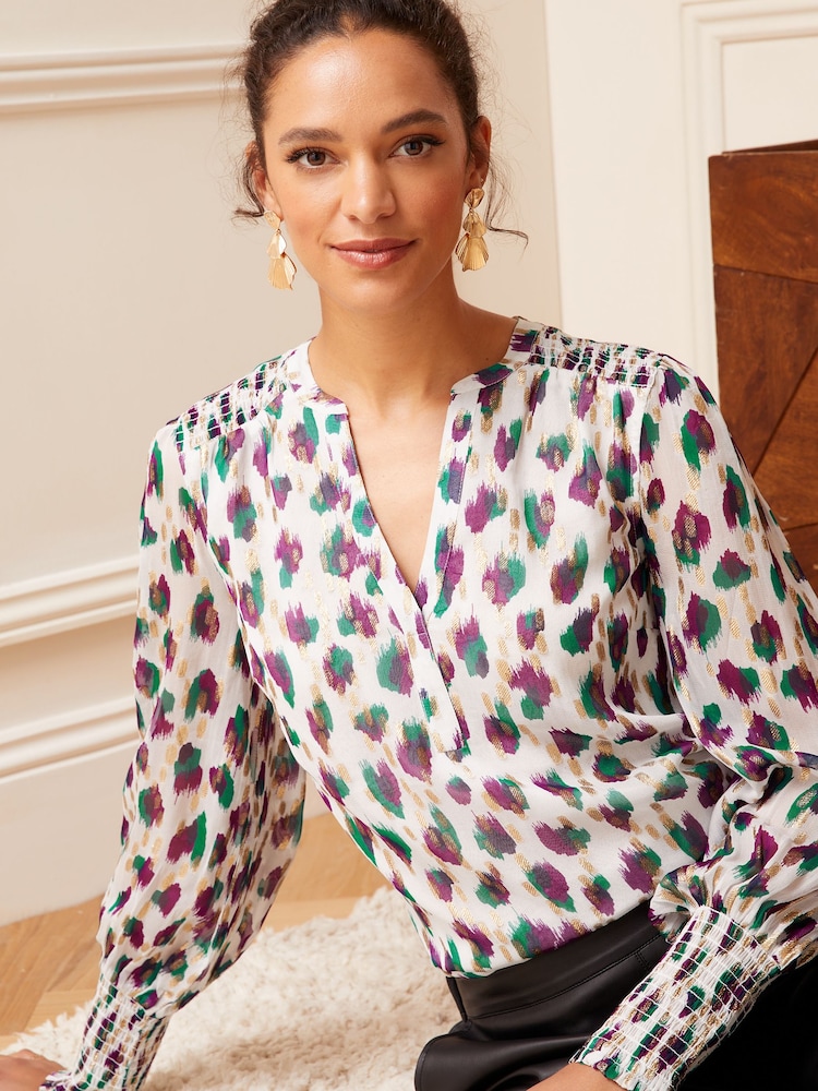 Love & Roses Ivory White Metallic Animal Sheer V Neck Long Sleeve Over The Head Blouse - Image 1 of 4
